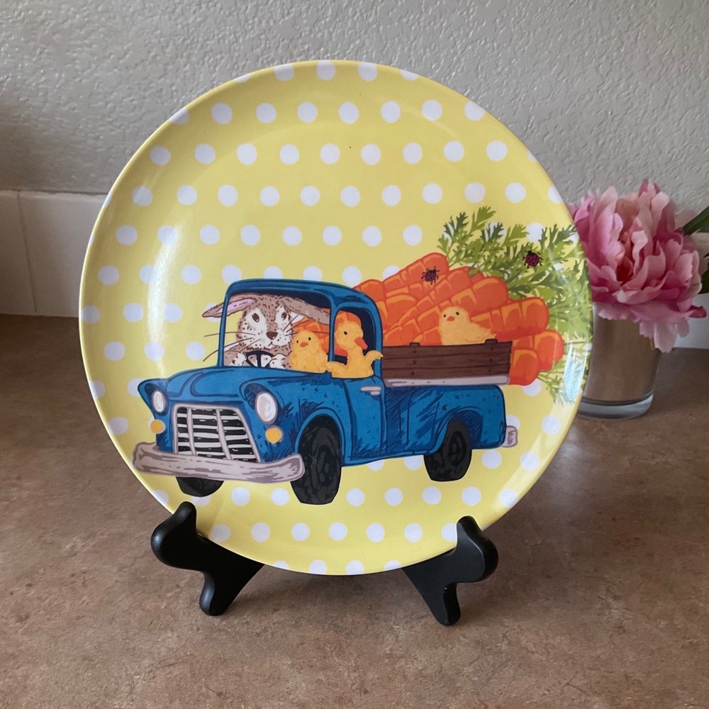 World Market Easter Bunny Blue Truck Melamine Dinner Plate Yellow Polka Dot 9"